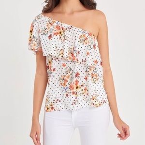 Orange Floral Ruffle-Trim Off-Shoulder Asymmetrical Top, M